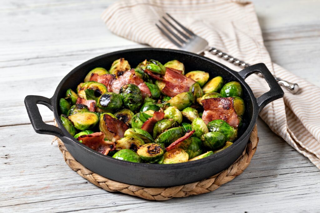 Fried Brussels sprouts with bacon