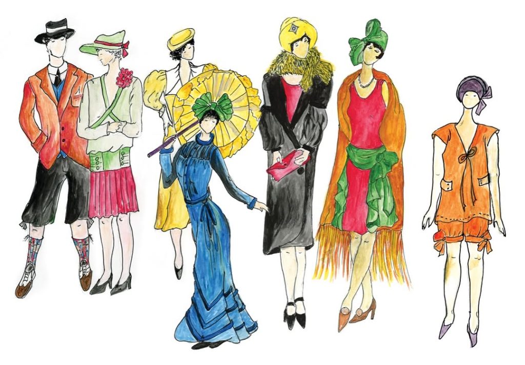 Hand-drawn fashion illustration of seven figures in 1910s and 1920s Southern-inspired attire with watercolor textures and decorative headwear by Brenda Gantt